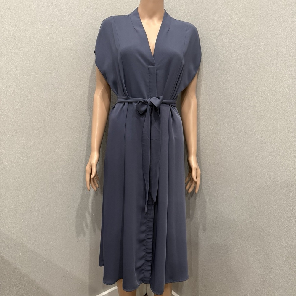 H&M Midi Dress Women Size L Blue Excellent Tie Waist V-Neck Kaftan Style